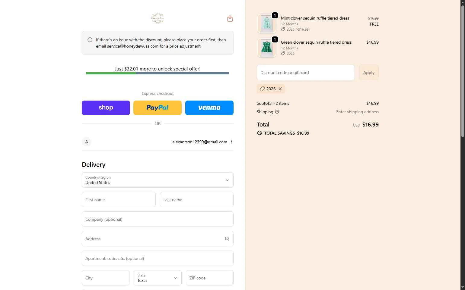 Honeydew USA checkout page showing Honeydew USA discount code box | Screenshot taken by SimplyCodes community member on Jan 7, 2026