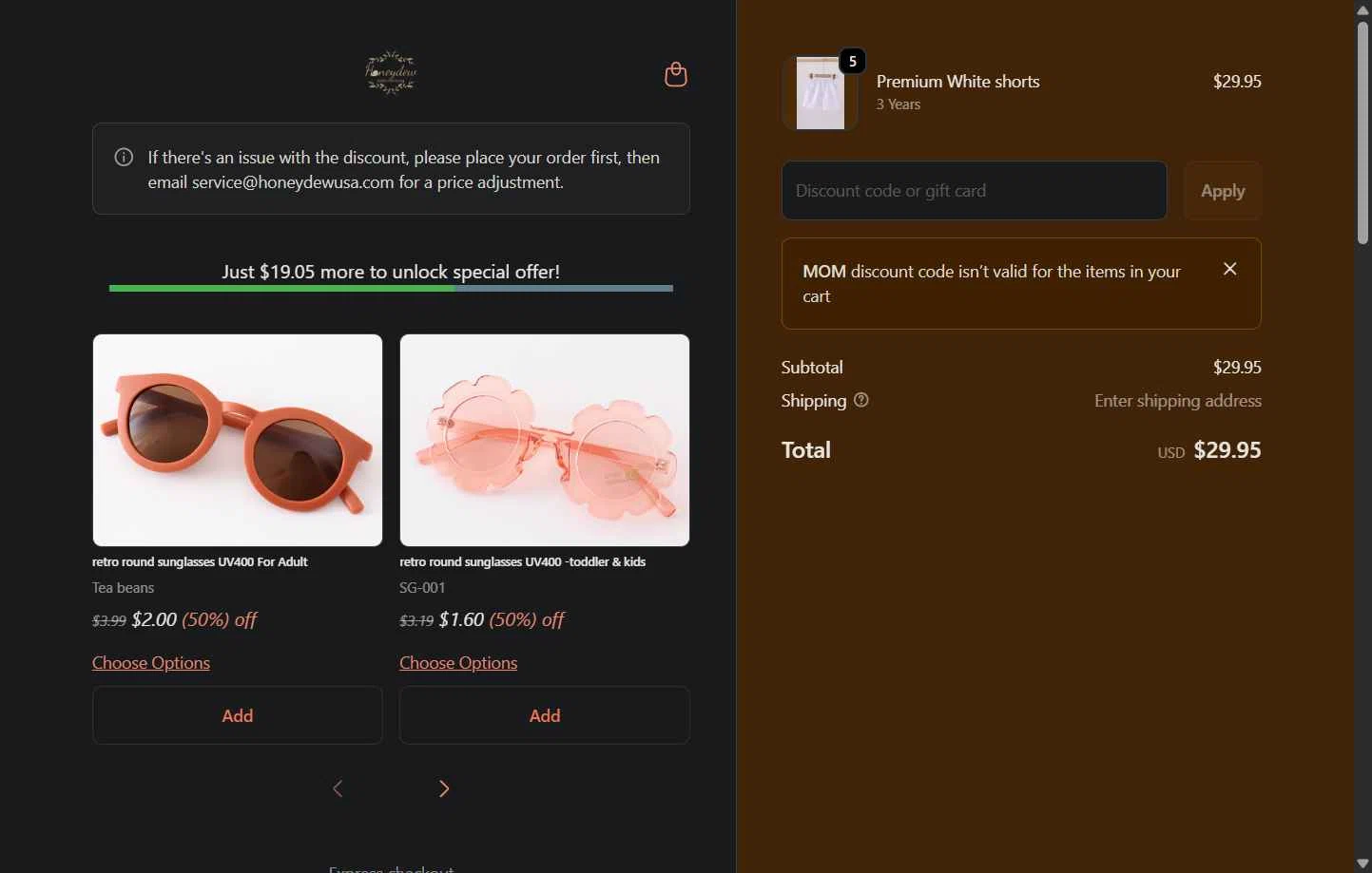 Honeydew USA checkout page showing Honeydew USA discount code box | Screenshot taken by SimplyCodes community member on Jan 5, 2026