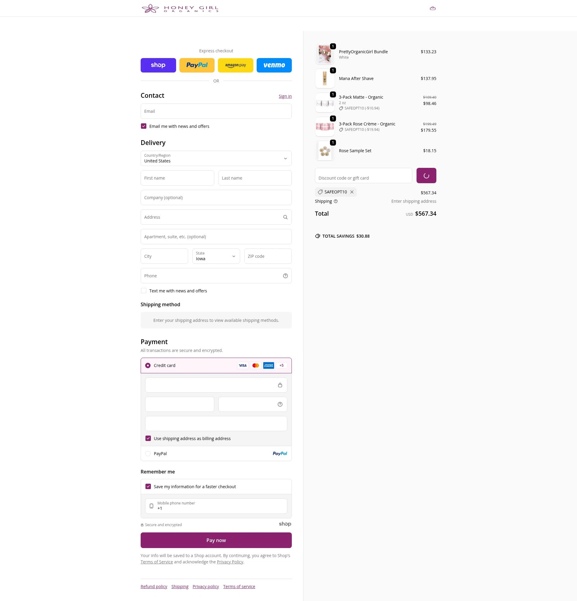Honey Girl Organics checkout page showing Honey Girl Organics promo code box | Screenshot taken by SimplyCodes community member on Jan 7, 2026