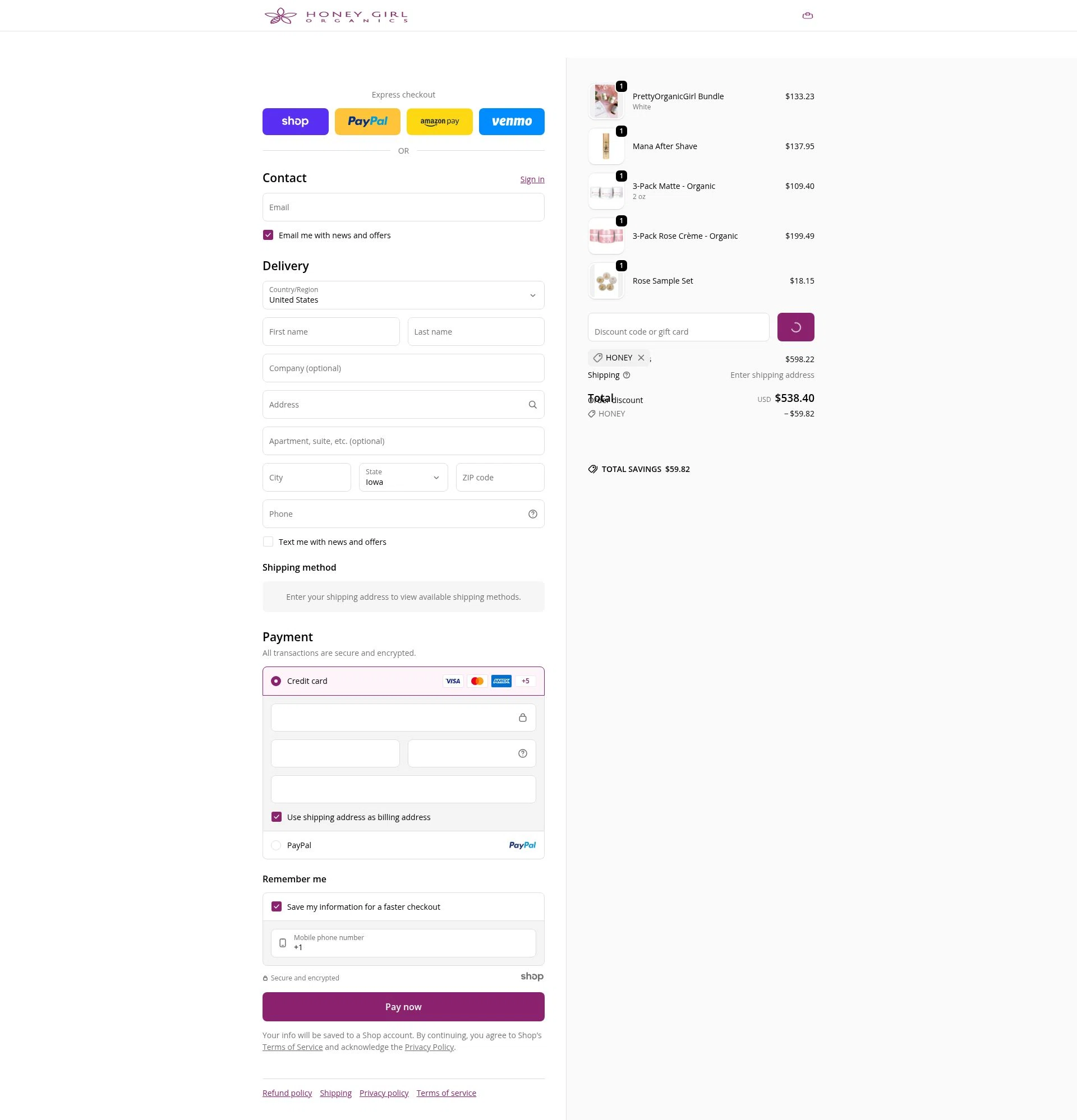 Honey Girl Organics checkout page showing Honey Girl Organics promo code box | Screenshot taken by SimplyCodes community member on Jan 7, 2026