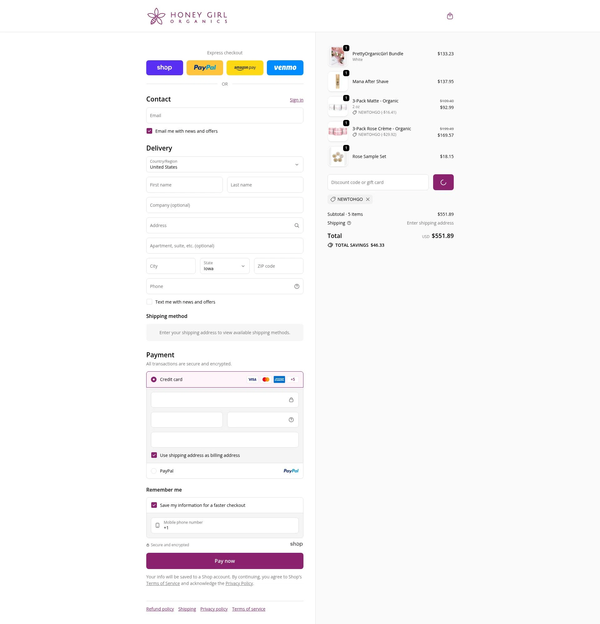Honey Girl Organics checkout page showing Honey Girl Organics promo code box | Screenshot taken by SimplyCodes community member on Jan 7, 2026