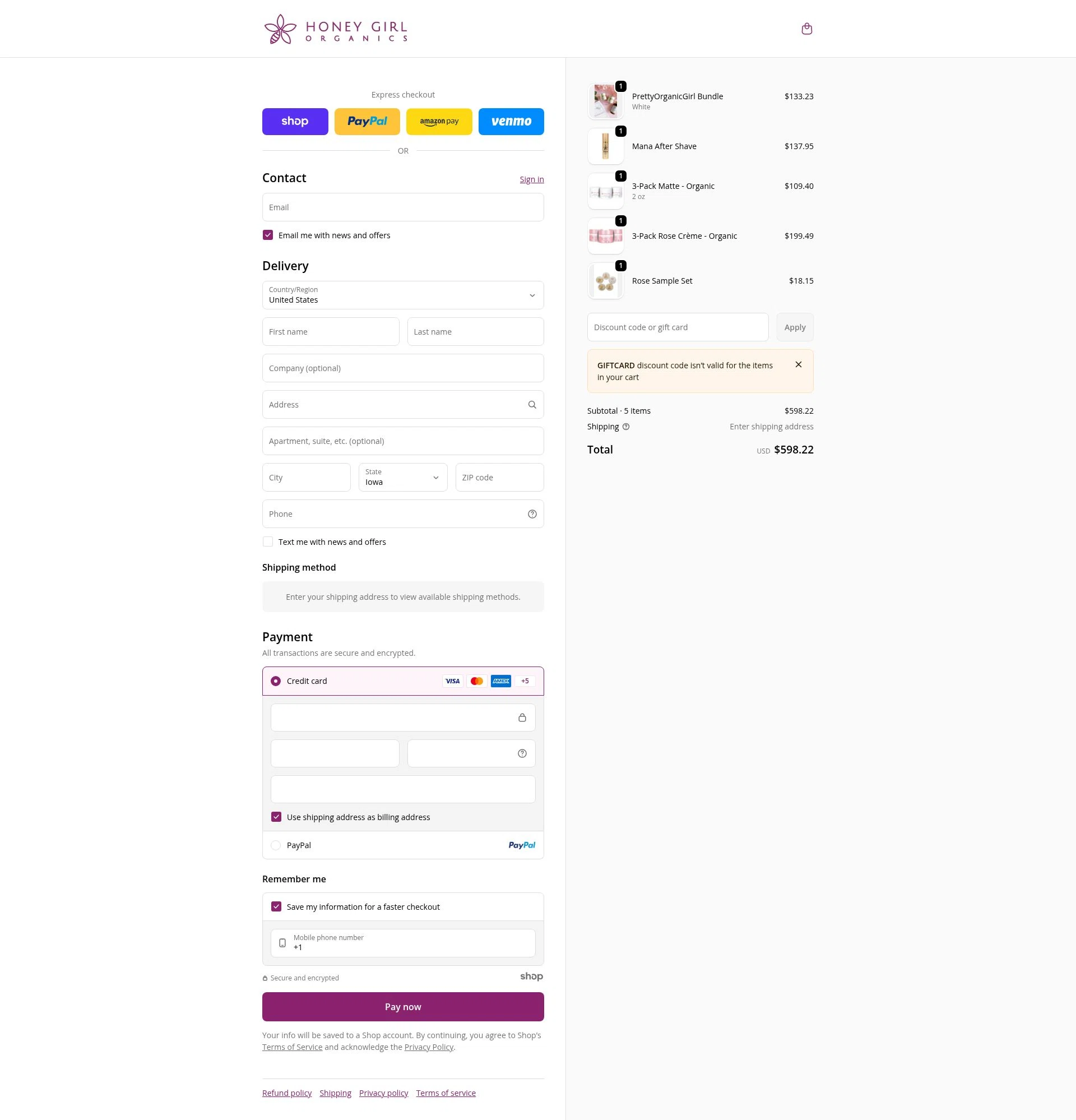 Honey Girl Organics checkout page showing Honey Girl Organics promo code box | Screenshot taken by SimplyCodes community member on Jan 7, 2026