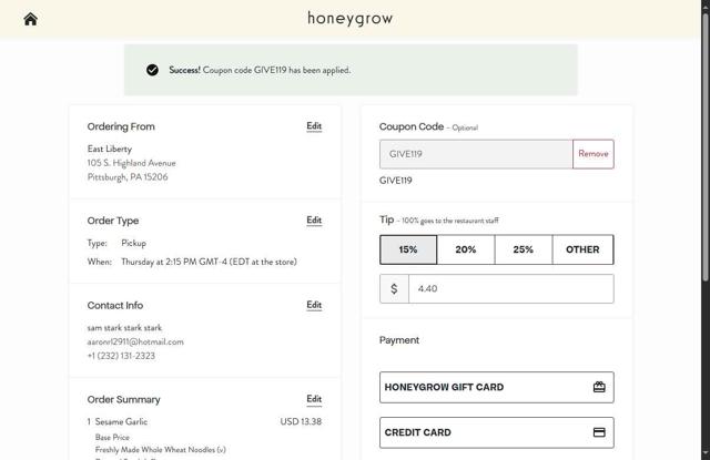 Honeygrow checkout page showing Honeygrow coupon code box | Screenshot taken by SimplyCodes community member on Sep 16, 2025