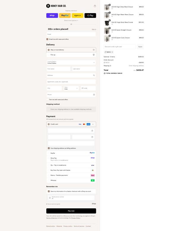 Honey Hair Co checkout page showing Honey Hair Co coupon code box | Screenshot taken by SimplyCodes community member on Sep 12, 2025