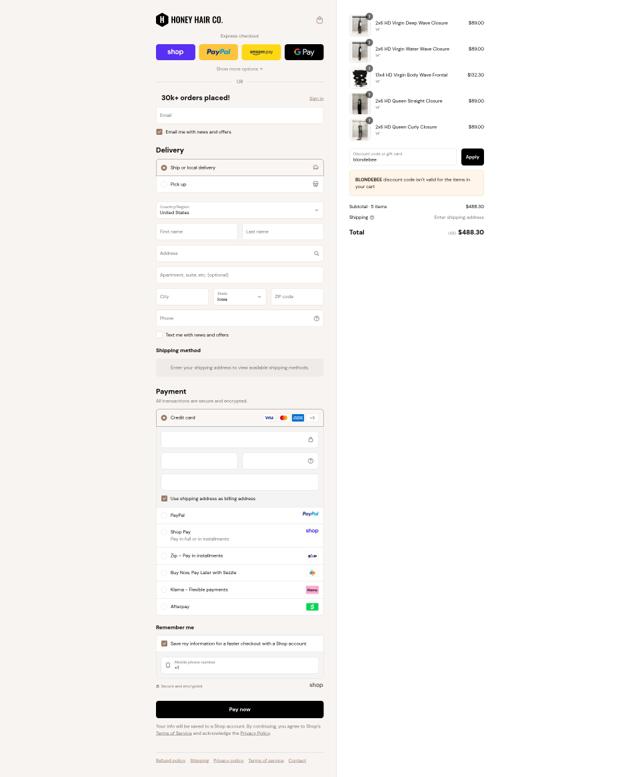 Honey Hair Co checkout page showing Honey Hair Co coupon code box | Screenshot taken by SimplyCodes community member on Sep 12, 2025