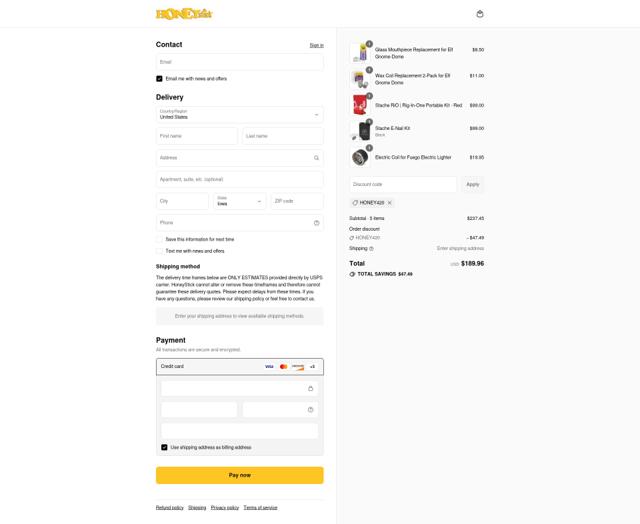 Honey Stick checkout page showing Honey Stick discount code box | Screenshot taken by SimplyCodes community member on Sep 12, 2025