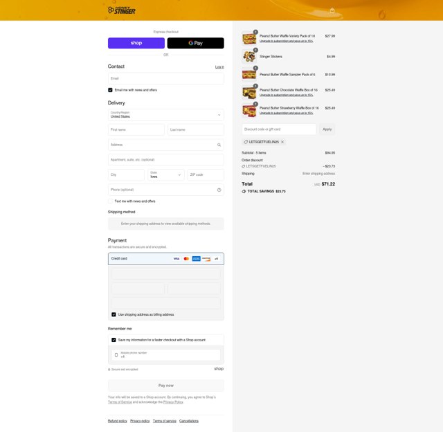 Honey Stinger checkout page showing Honey Stinger promo code box | Screenshot taken by SimplyCodes community member on Sep 1, 2025