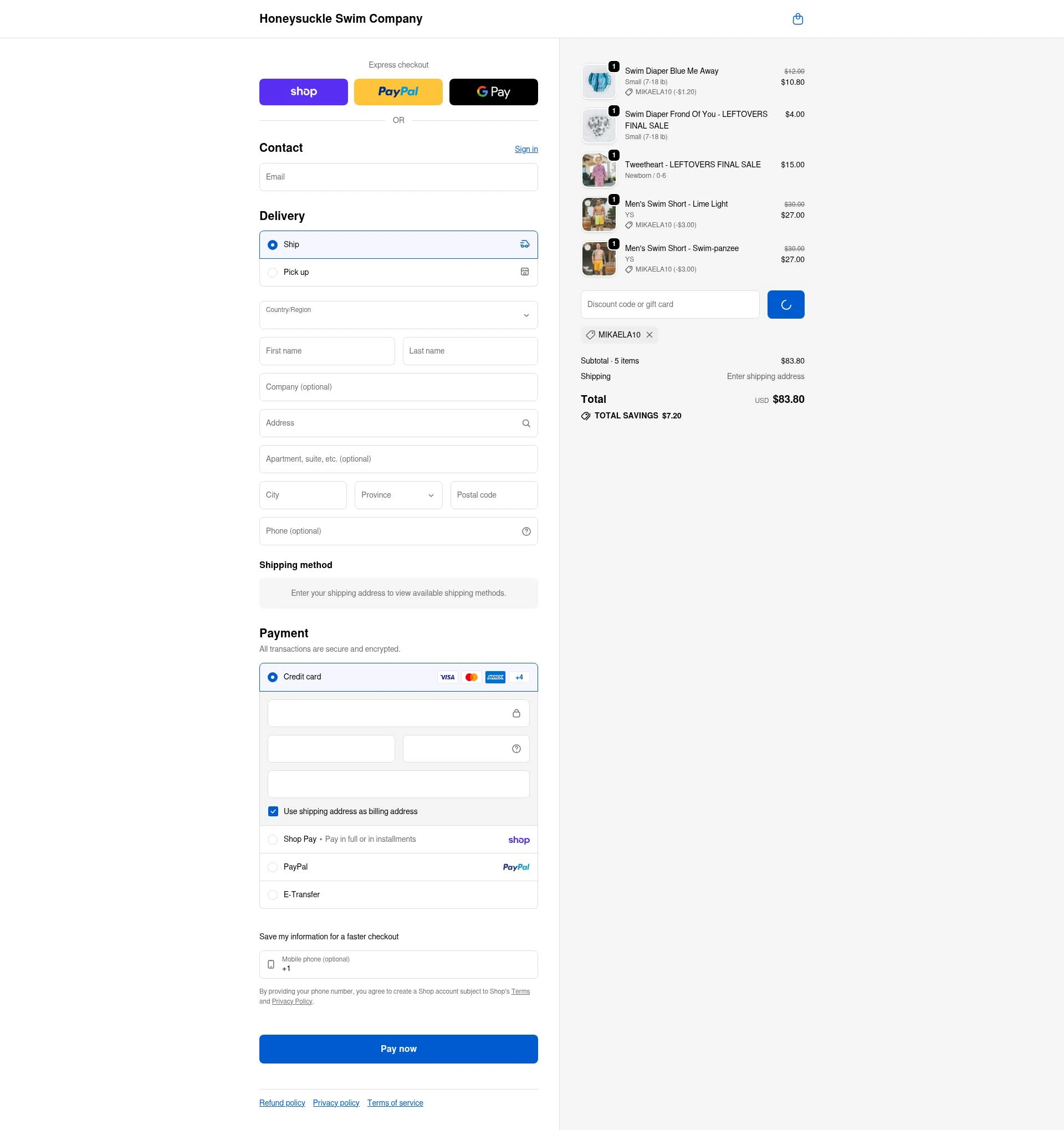 Honeysuckle Swim Company checkout page showing Honeysuckle Swim Company discount code box | Screenshot taken by SimplyCodes community member on Feb 6, 2026
