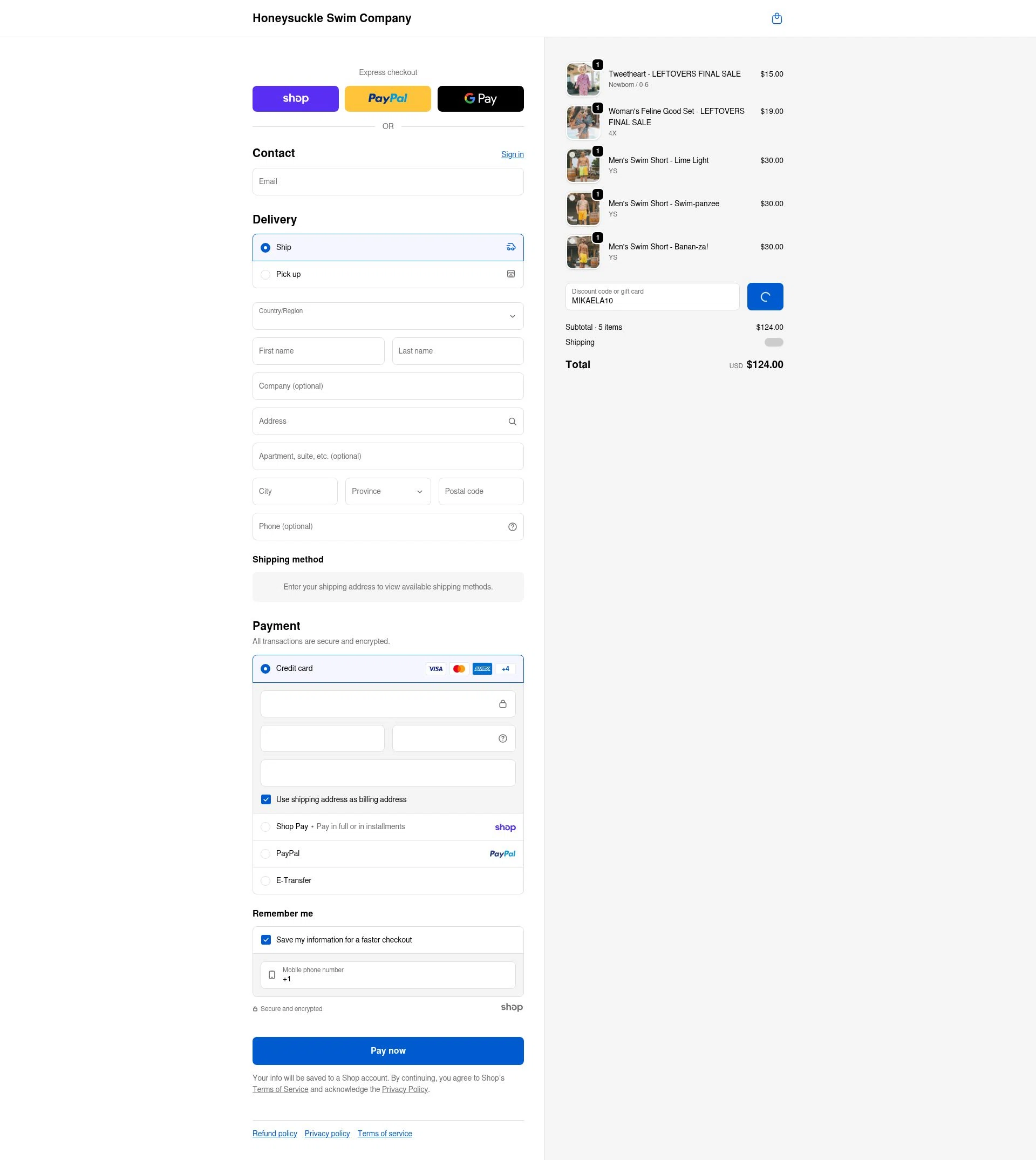 Honeysuckle Swim Company checkout page showing Honeysuckle Swim Company discount code box | Screenshot taken by SimplyCodes community member on Jan 24, 2026