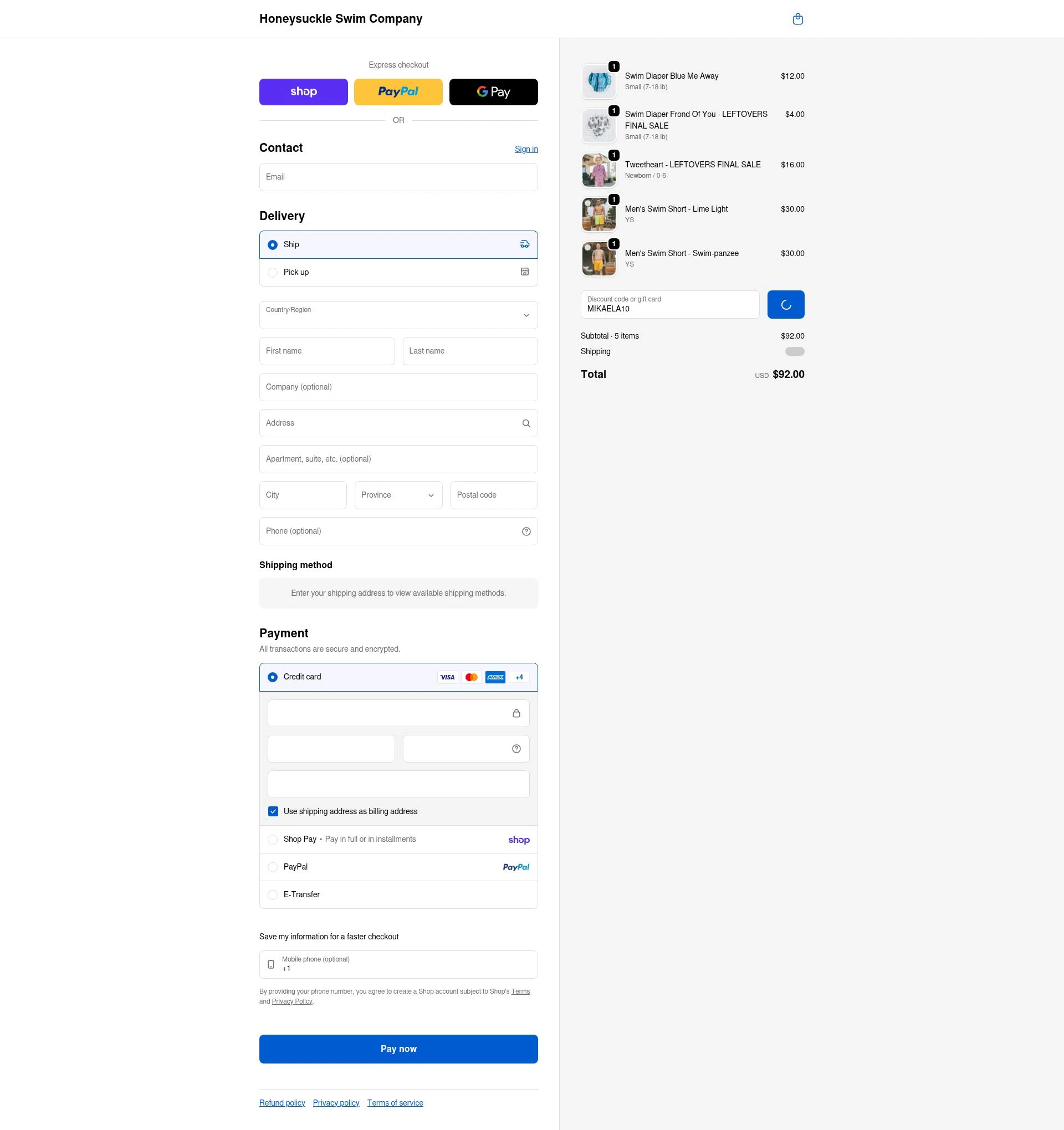Honeysuckle Swim Company checkout page showing Honeysuckle Swim Company discount code box | Screenshot taken by SimplyCodes community member on Feb 11, 2026