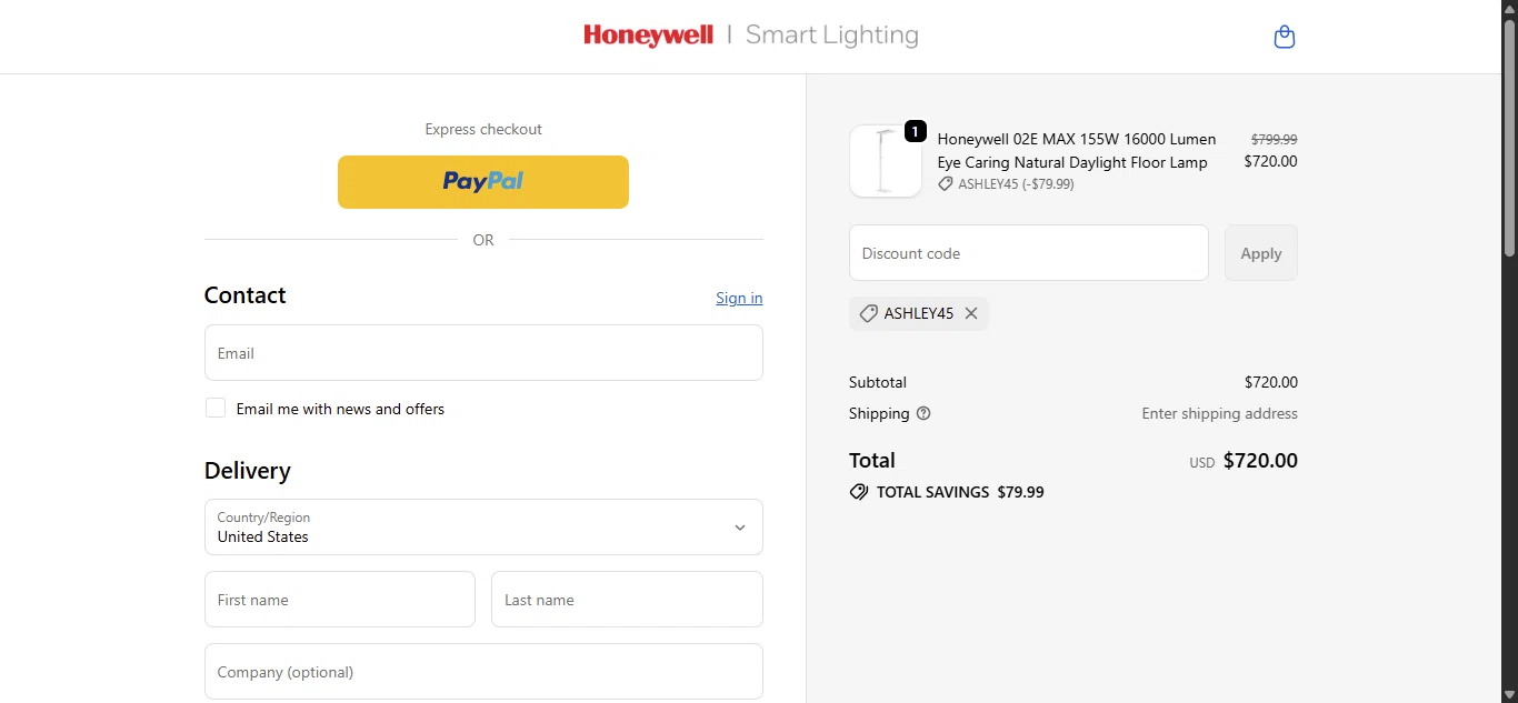 Honeywell Smart Lighting promo code screenshot showing code ASHLEY45 applied at Honeywell Smart Lighting checkout page. Uploaded by SimplyCodes community member SilverMaestro6968 on Jun 2, 2026