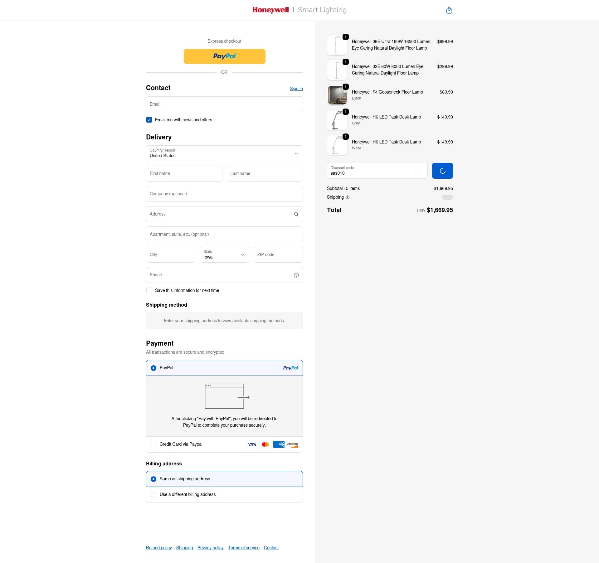 Honeywell Smart Lighting checkout page showing Honeywell Smart Lighting promo code box | Screenshot taken by SimplyCodes community member on Jan 3, 2026