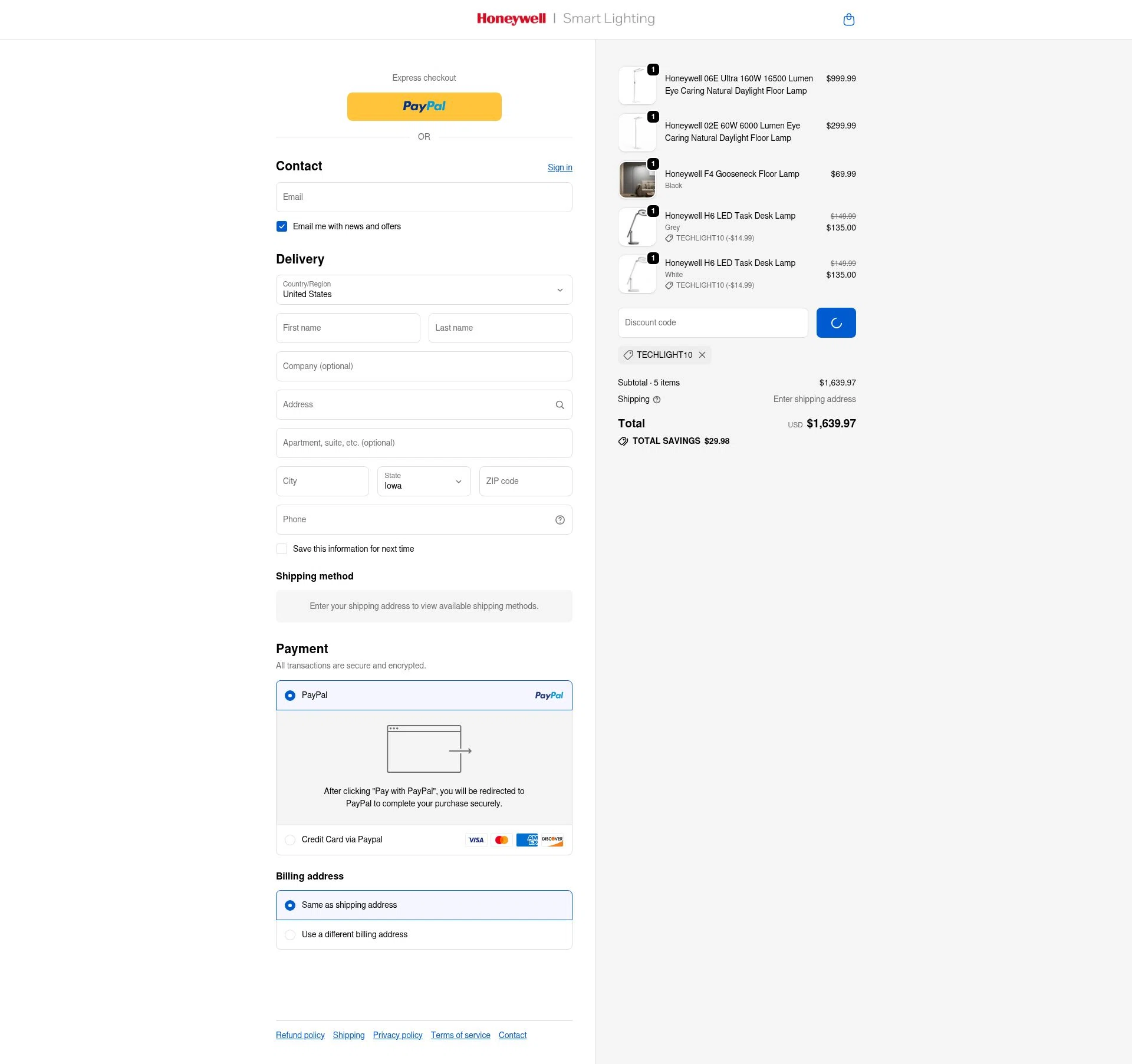 Honeywell Smart Lighting checkout page showing Honeywell Smart Lighting promo code box | Screenshot taken by SimplyCodes community member on Jan 3, 2026
