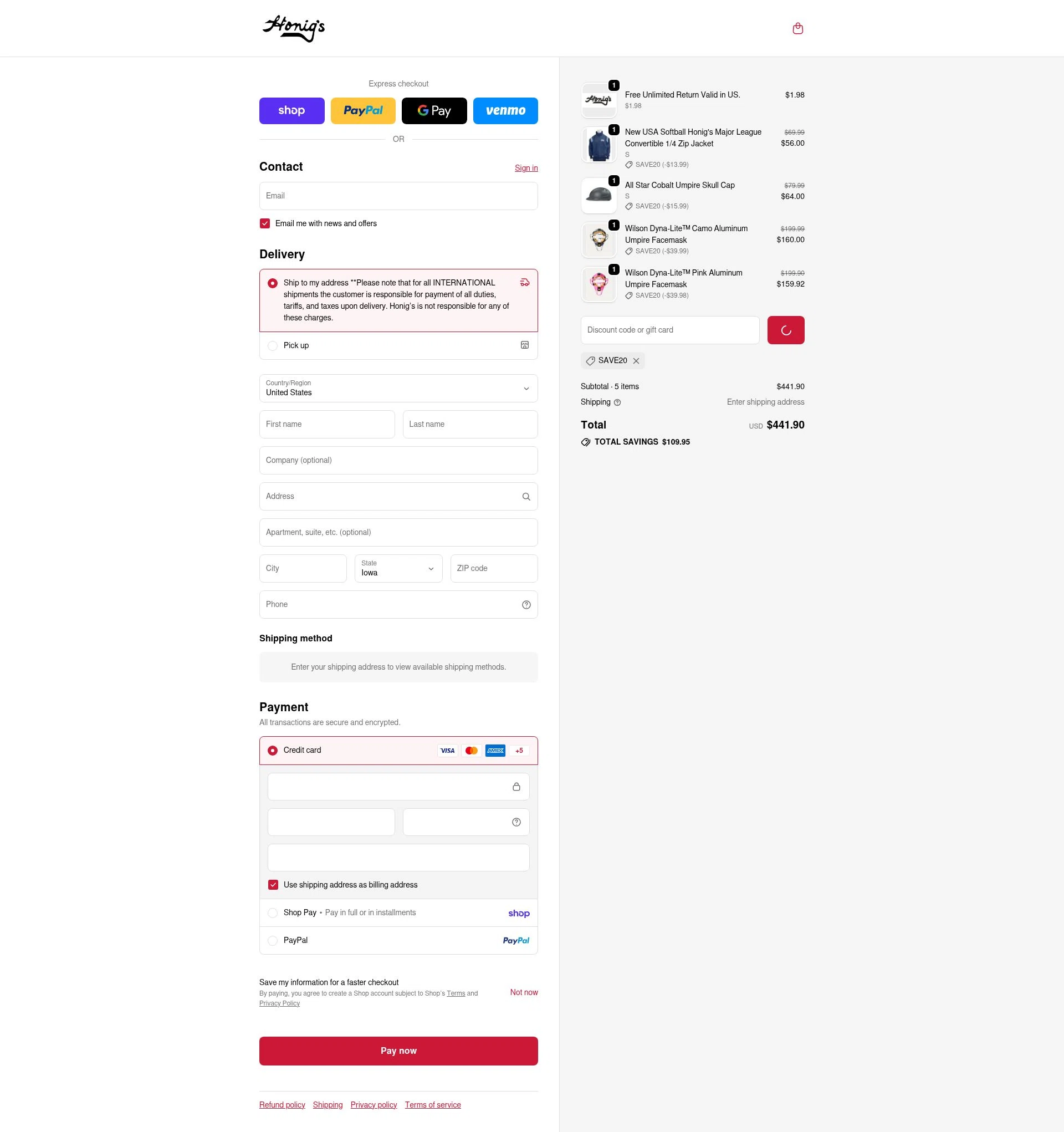Honig's checkout page showing Honig's discount code box | Screenshot taken by SimplyCodes community member on Feb 19, 2026