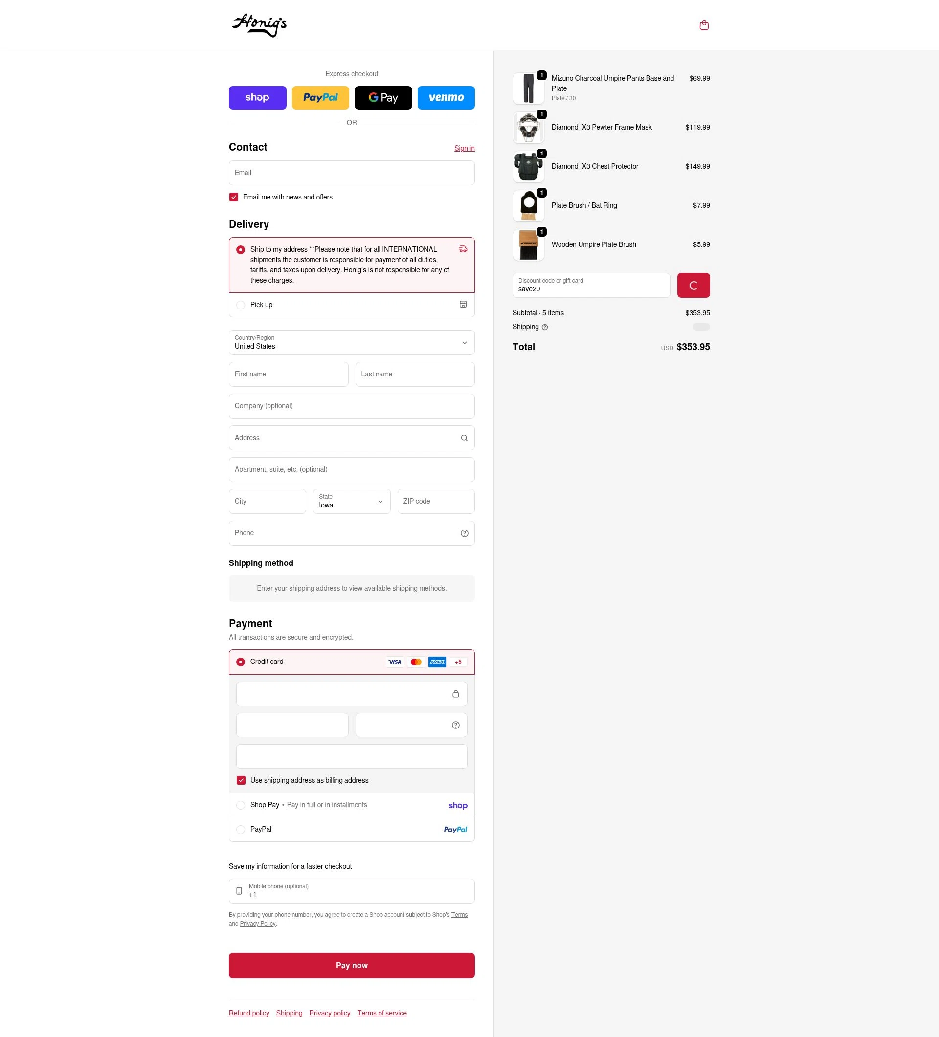Honig's checkout page showing Honig's discount code box | Screenshot taken by SimplyCodes community member on Feb 10, 2026
