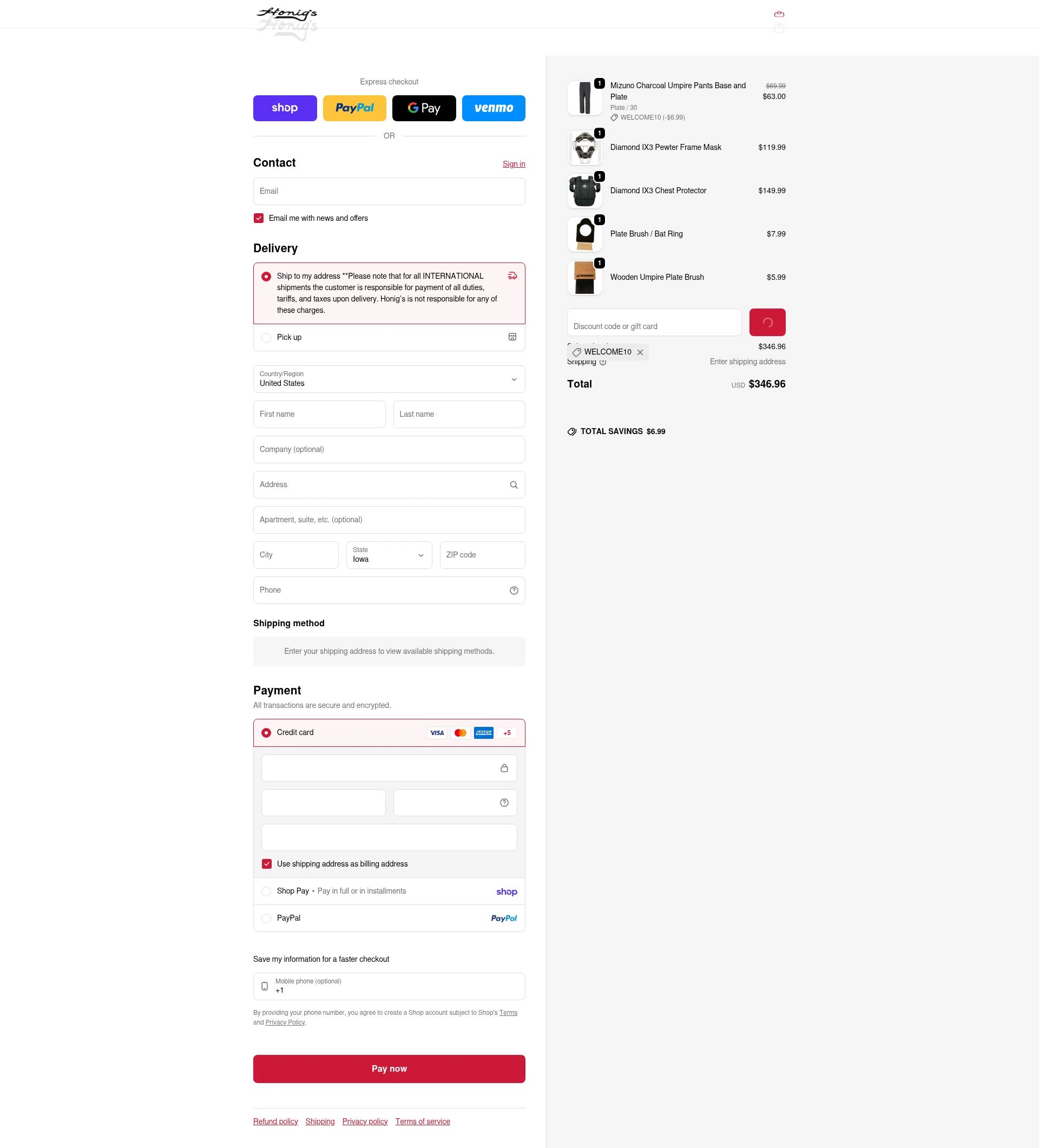 Honig's checkout page showing Honig's discount code box | Screenshot taken by SimplyCodes community member on Feb 10, 2026