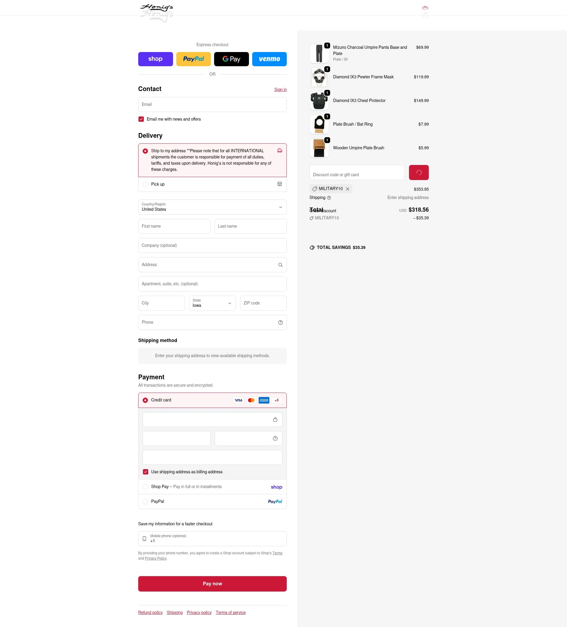 Honig's checkout page showing Honig's discount code box | Screenshot taken by SimplyCodes community member on Feb 10, 2026
