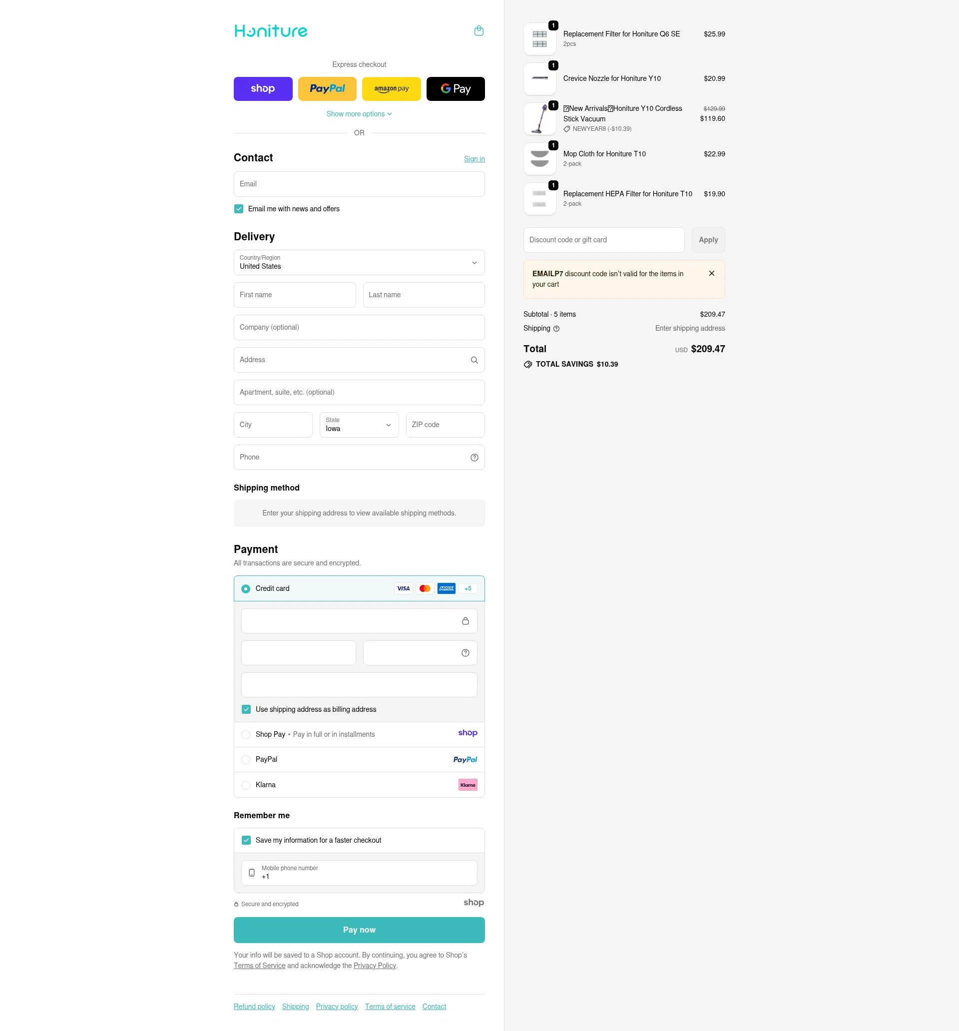Honiture checkout page showing Honiture promo code box | Screenshot taken by SimplyCodes community member on Jan 7, 2026