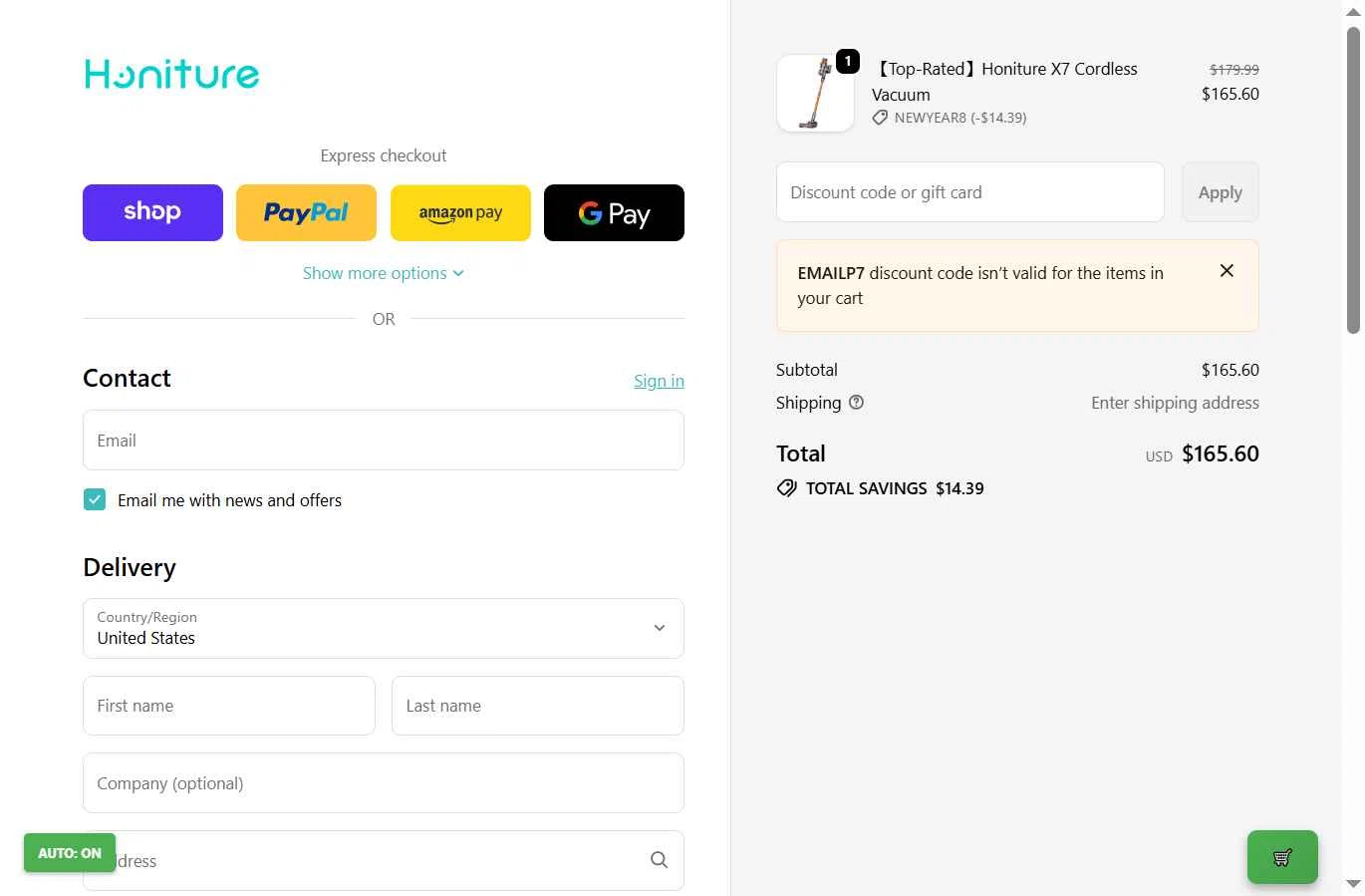 Honiture checkout page showing Honiture promo code box | Screenshot taken by SimplyCodes community member on Jan 5, 2026