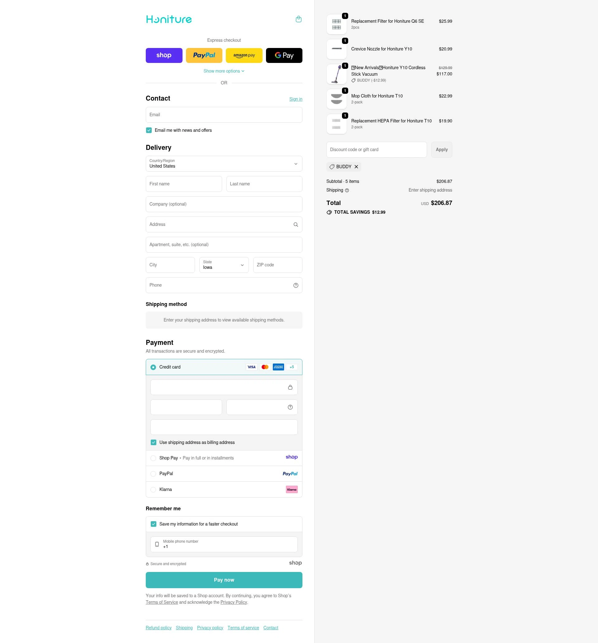 Honiture checkout page showing Honiture promo code box | Screenshot taken by SimplyCodes community member on Jan 7, 2026