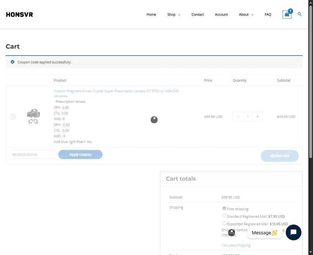 Hons VR checkout page showing Hons VR coupon code box | Screenshot taken by SimplyCodes community member on Dec 26, 2025