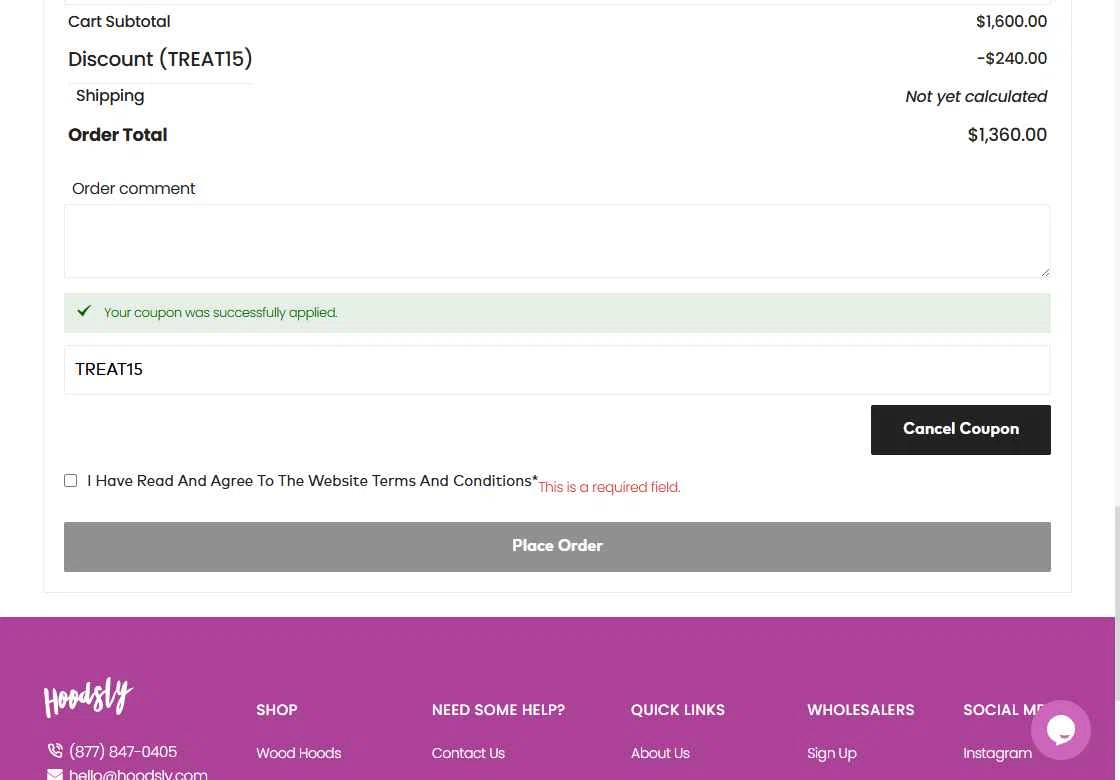 Hoodsly checkout page showing Hoodsly discount code box | Screenshot taken by SimplyCodes community member on Jul 14, 2025