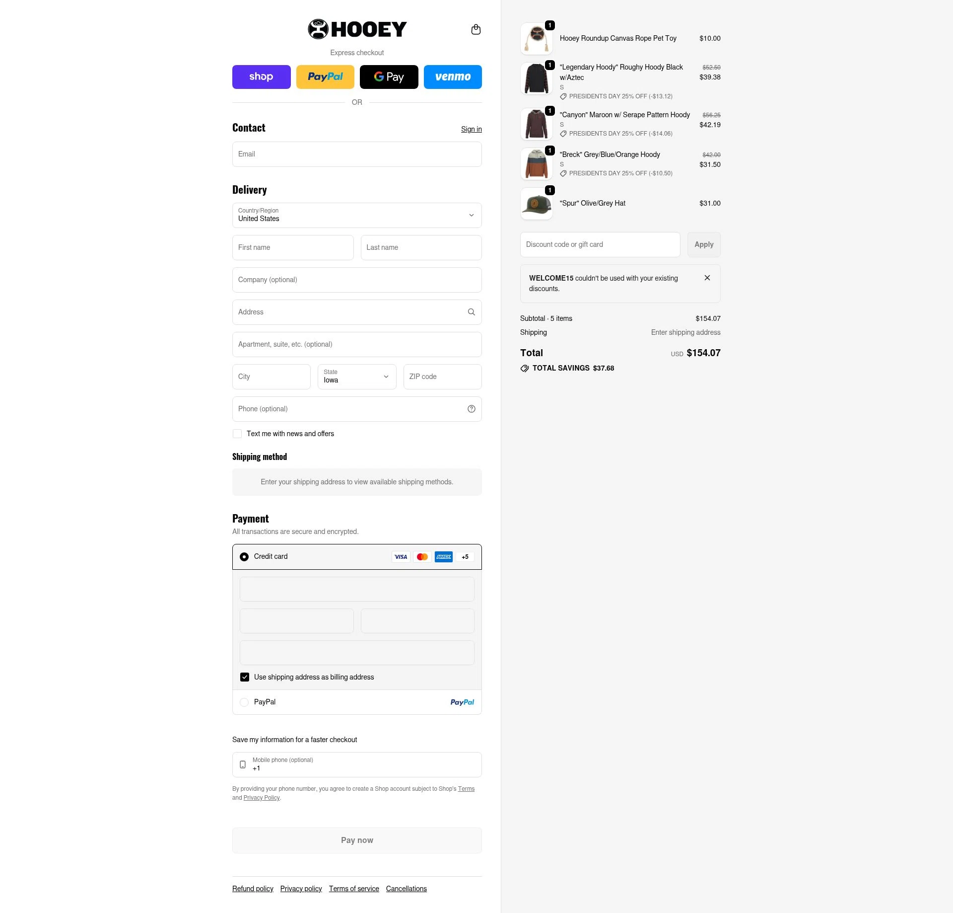 Hooey checkout page showing Hooey discount code box | Screenshot taken by SimplyCodes community member on Feb 18, 2026