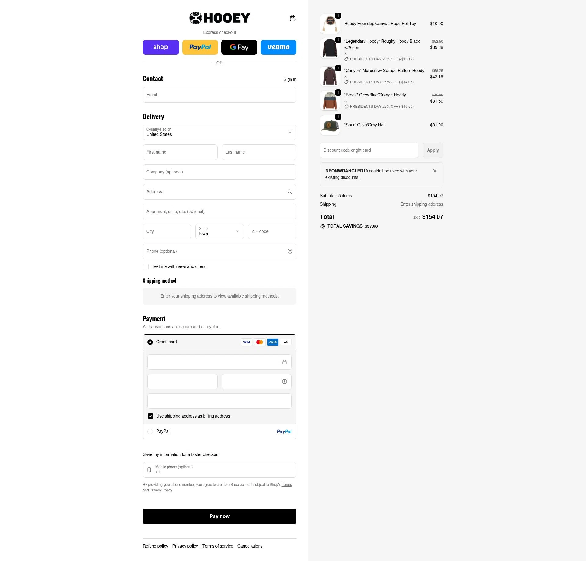 Hooey checkout page showing Hooey discount code box | Screenshot taken by SimplyCodes community member on Feb 18, 2026