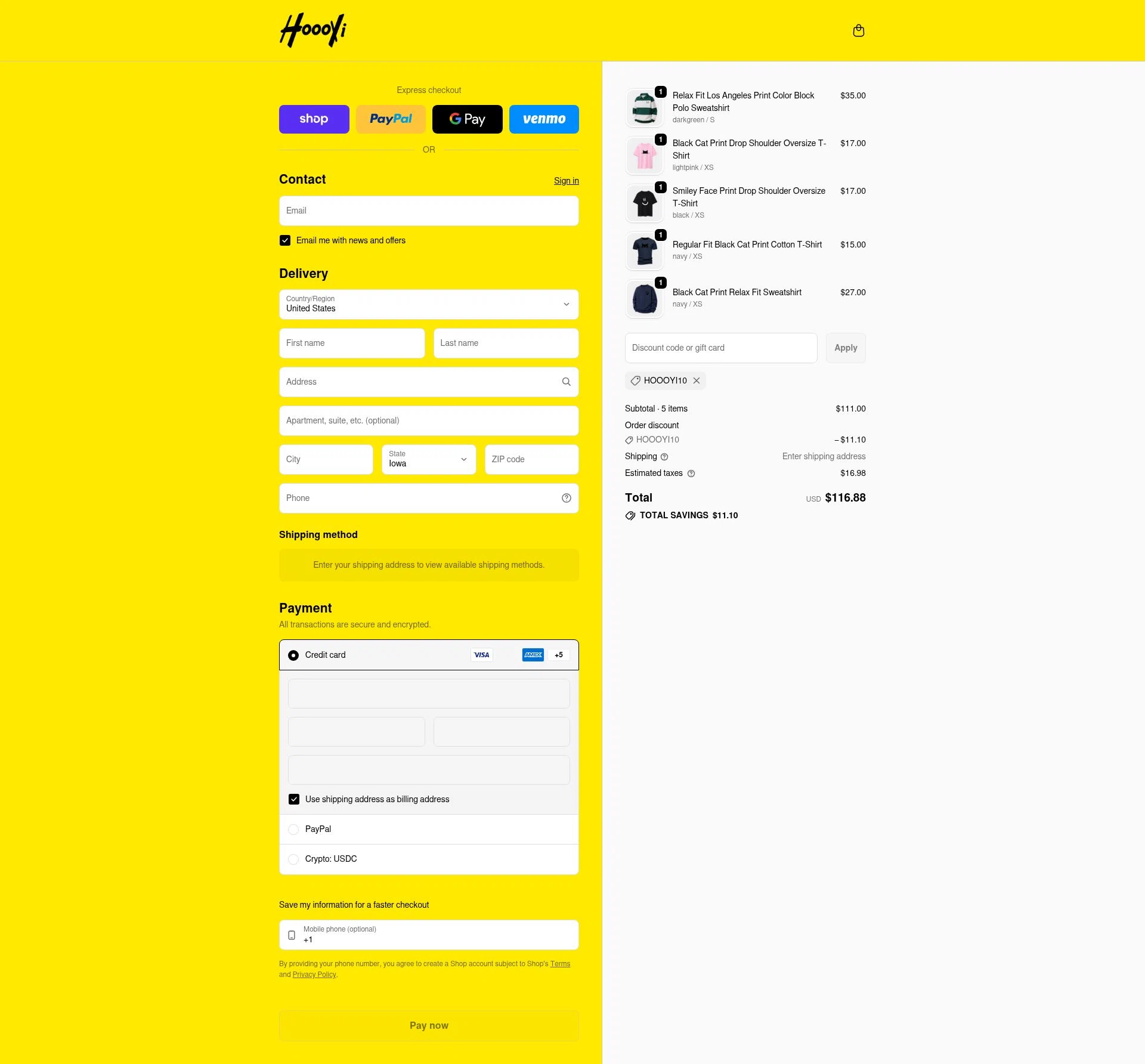 HOOOYI checkout page showing HOOOYI discount code box | Screenshot taken by SimplyCodes community member on Feb 18, 2026