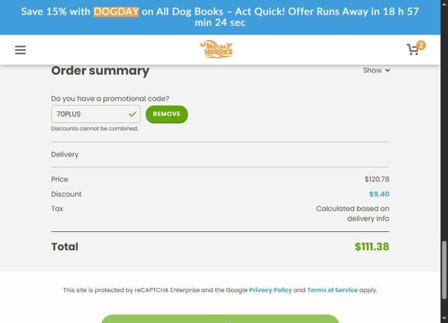 Hooray Heroes checkout page showing Hooray Heroes promo code box | Screenshot taken by SimplyCodes community member on Aug 19, 2025