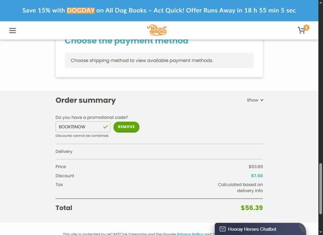 Hooray Heroes checkout page showing Hooray Heroes promo code box | Screenshot taken by SimplyCodes community member on Aug 14, 2025