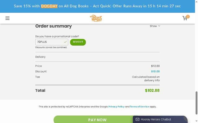 Hooray Heroes checkout page showing Hooray Heroes promo code box | Screenshot taken by SimplyCodes community member on Aug 30, 2025