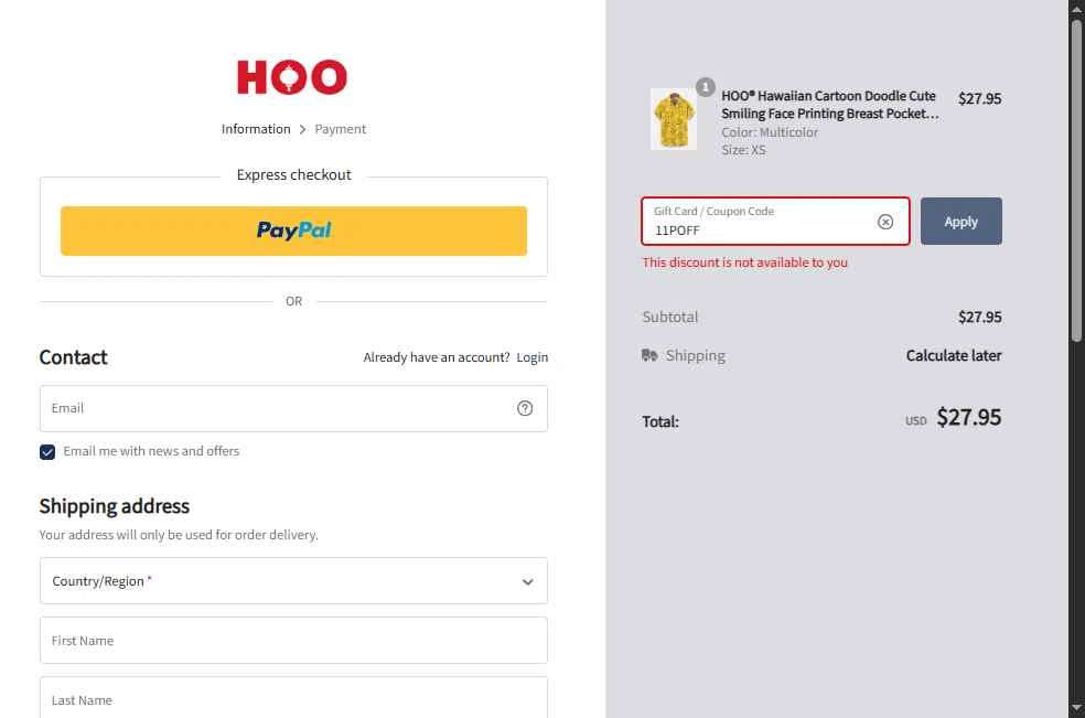 Hooshops checkout page showing Hooshops discount code box | Screenshot taken by SimplyCodes community member on Jul 28, 2025