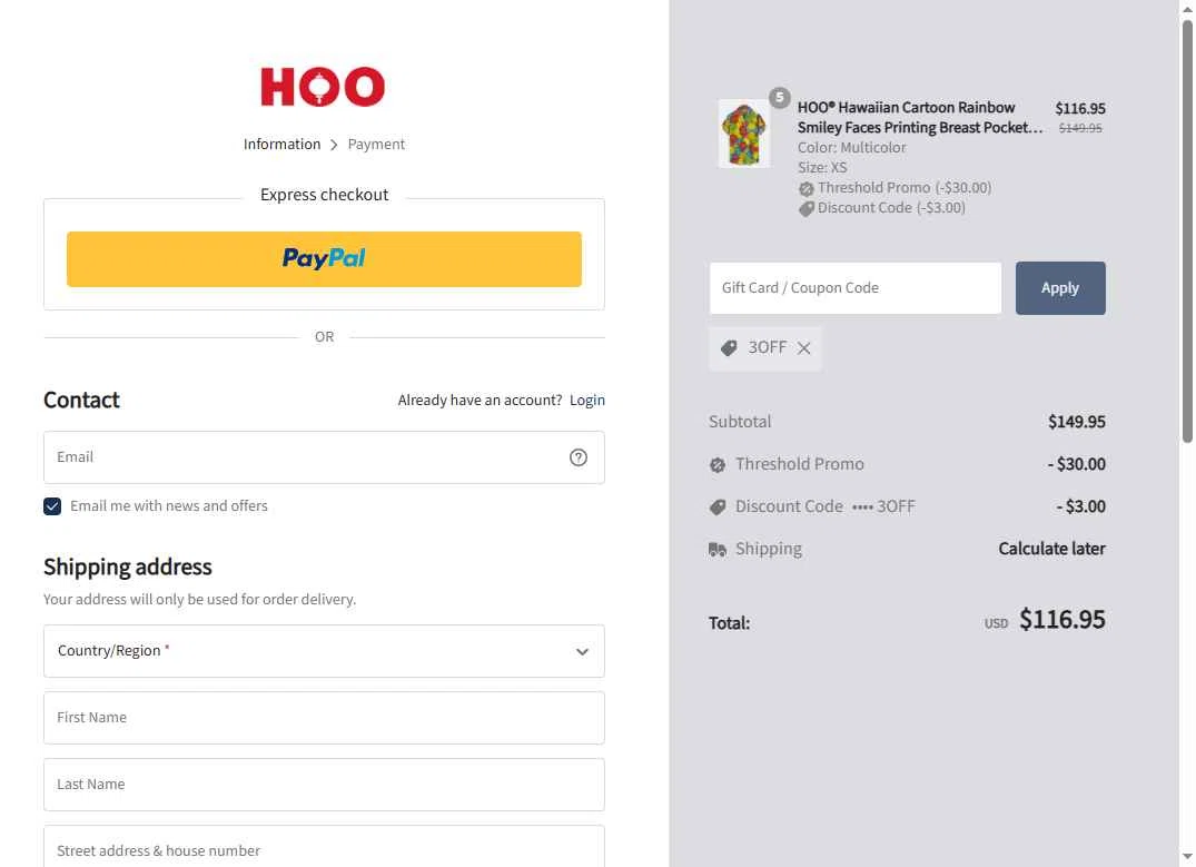 Hooshops checkout page showing Hooshops discount code box | Screenshot taken by SimplyCodes community member on Oct 18, 2025