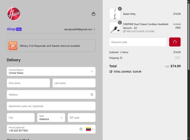 Hoover checkout page showing Hoover discount code box | Screenshot taken by SimplyCodes community member on Aug 26, 2025