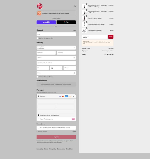 Hoover checkout page showing Hoover discount code box | Screenshot taken by SimplyCodes community member on Aug 17, 2025