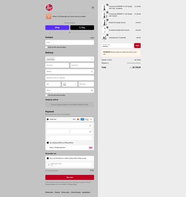 Hoover checkout page showing Hoover discount code box | Screenshot taken by SimplyCodes community member on Aug 12, 2025