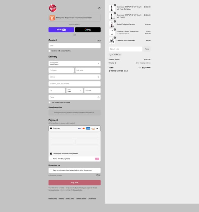 Hoover checkout page showing Hoover discount code box | Screenshot taken by SimplyCodes community member on Aug 15, 2025