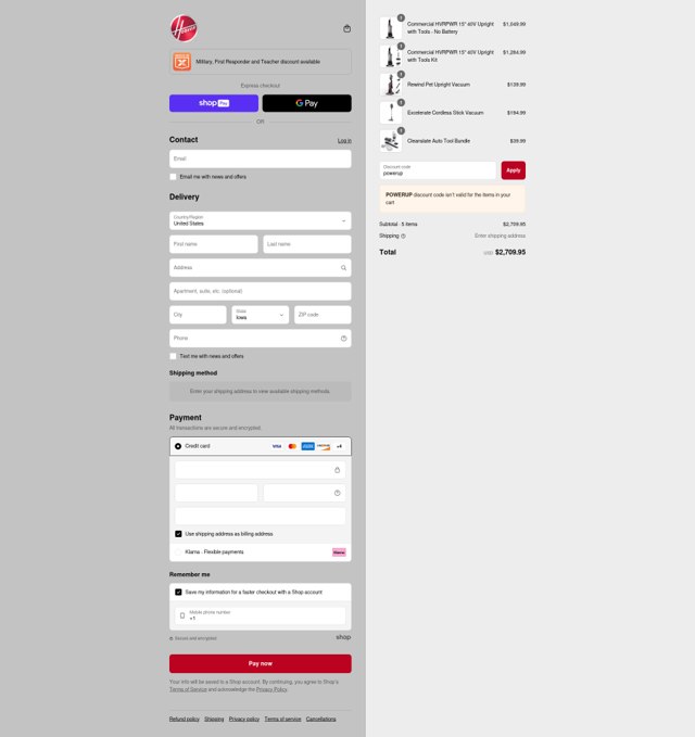 Hoover checkout page showing Hoover discount code box | Screenshot taken by SimplyCodes community member on Aug 22, 2025
