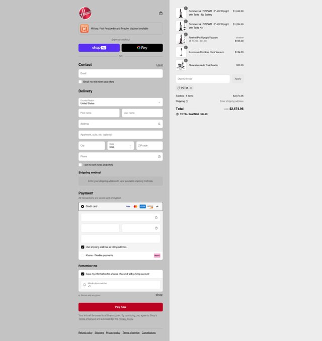 Hoover checkout page showing Hoover discount code box | Screenshot taken by SimplyCodes community member on Aug 26, 2025