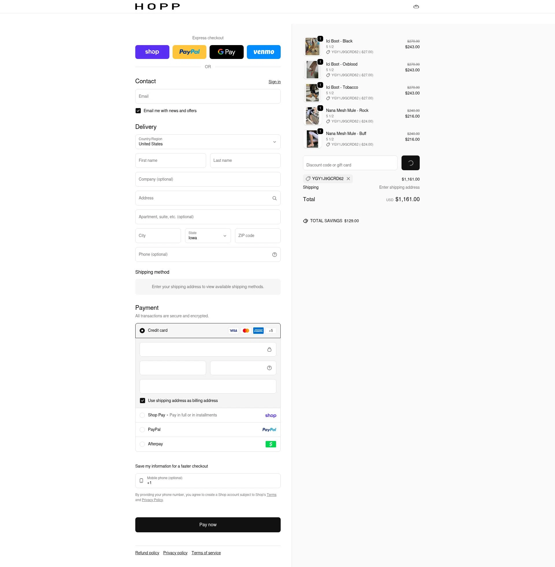 Hopp checkout page showing Hopp promo code box | Screenshot taken by SimplyCodes community member on Jan 31, 2026