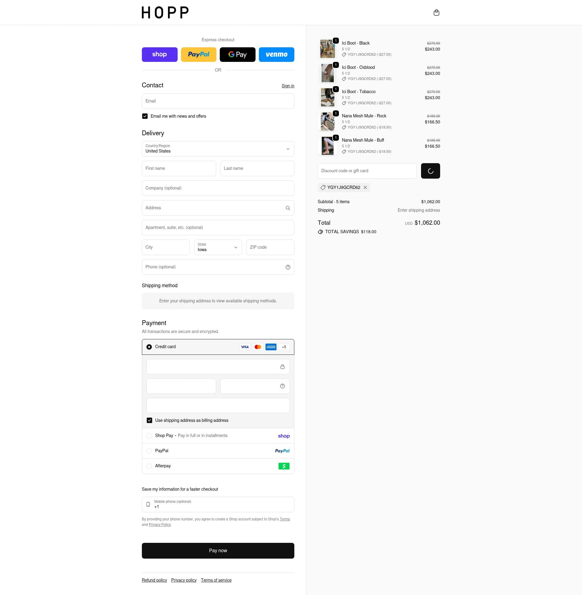 Hopp checkout page showing Hopp promo code box | Screenshot taken by SimplyCodes community member on Feb 14, 2026