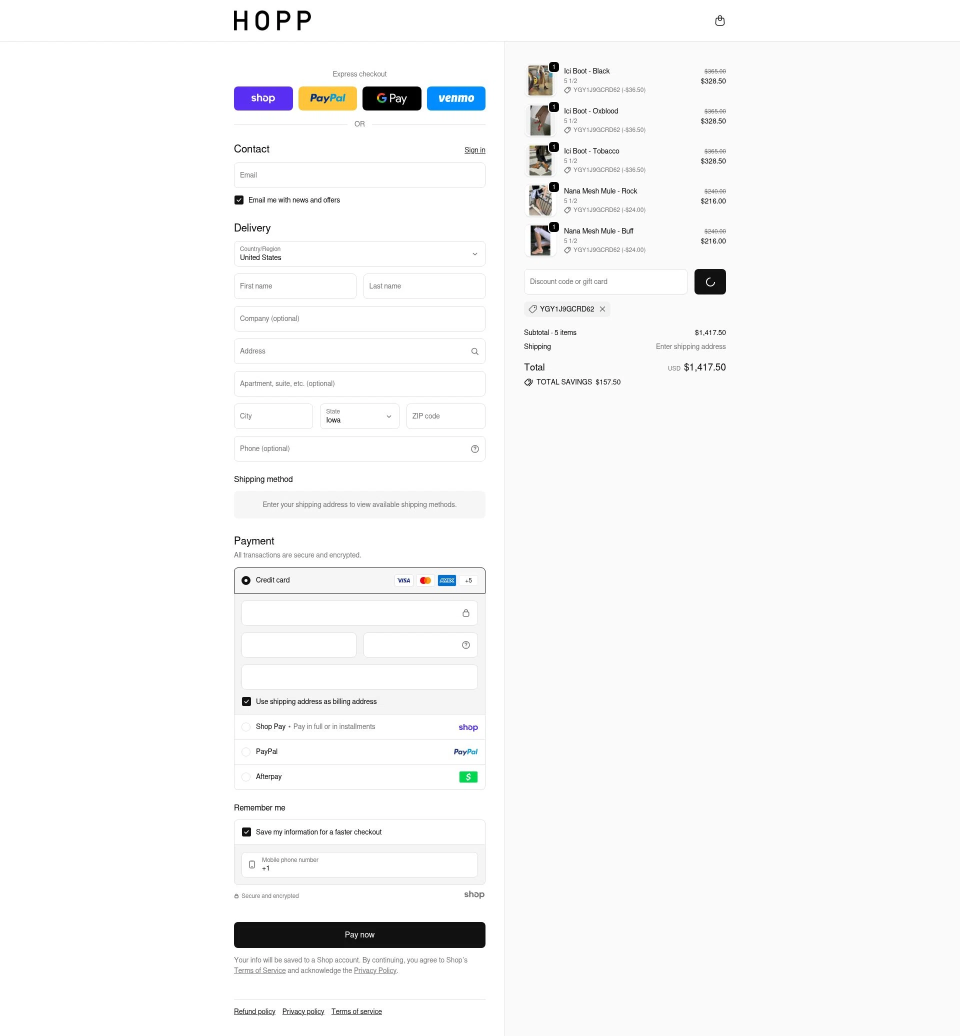 Hopp checkout page showing Hopp promo code box | Screenshot taken by SimplyCodes community member on Jan 22, 2026