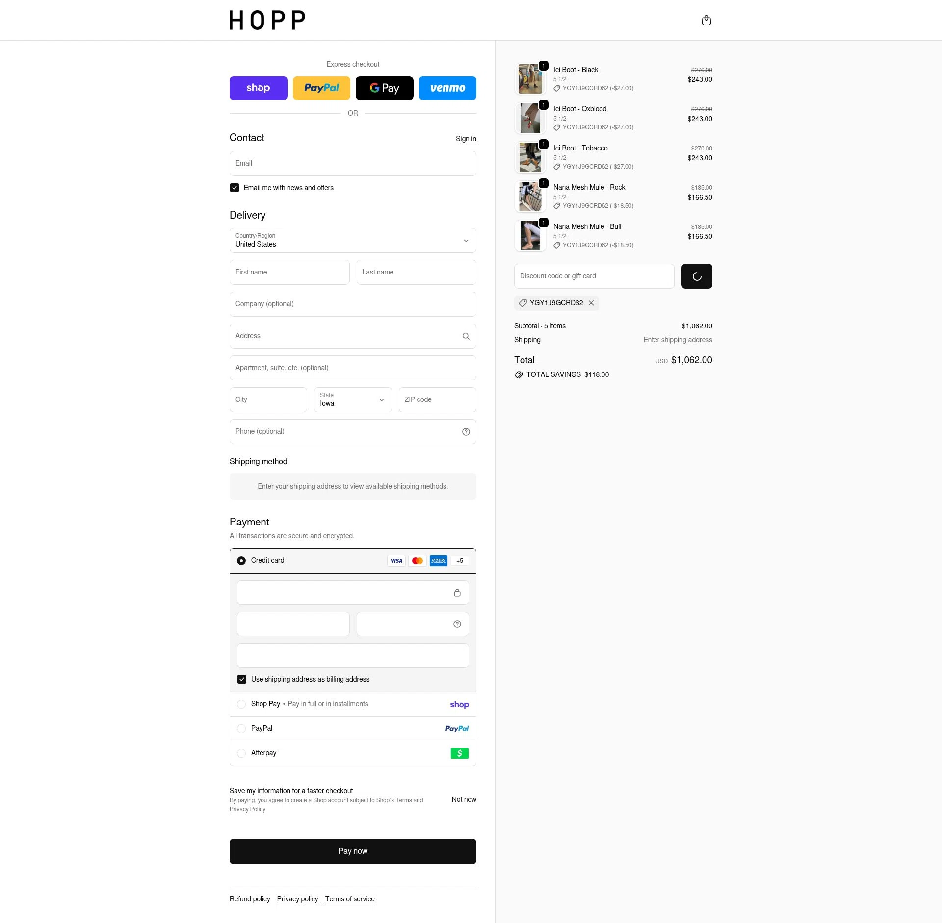 Hopp checkout page showing Hopp promo code box | Screenshot taken by SimplyCodes community member on Feb 18, 2026
