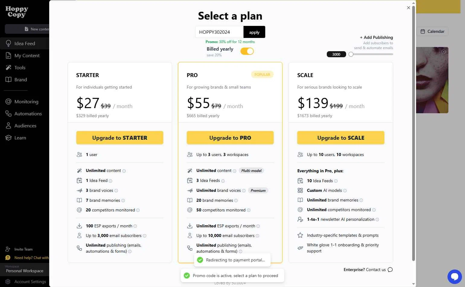 Hoppy Copy checkout page showing Hoppy Copy promo code box | Screenshot taken by SimplyCodes community member on Jul 26, 2025