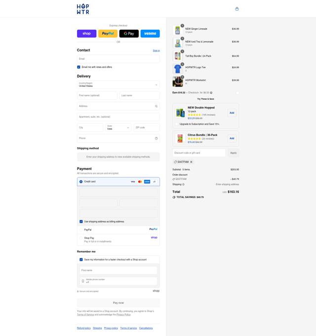 HOP WTR checkout page showing HOP WTR discount code box | Screenshot taken by SimplyCodes community member on Sep 13, 2025