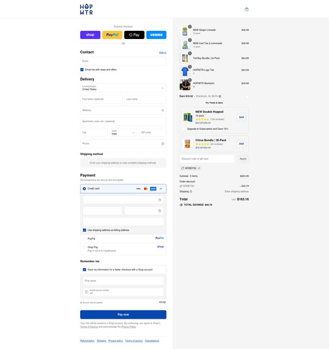 HOP WTR checkout page showing HOP WTR discount code box | Screenshot taken by SimplyCodes community member on Sep 13, 2025