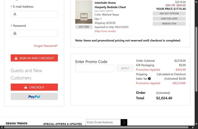 Horchow checkout page showing Horchow promo code box | Screenshot taken by SimplyCodes community member on Jul 30, 2025