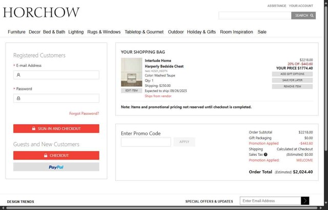 Horchow checkout page showing Horchow promo code box | Screenshot taken by SimplyCodes community member on Aug 29, 2025