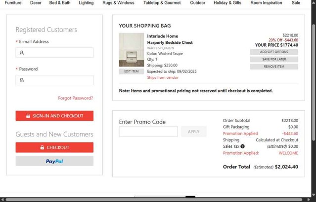 Horchow checkout page showing Horchow promo code box | Screenshot taken by SimplyCodes community member on Aug 5, 2025